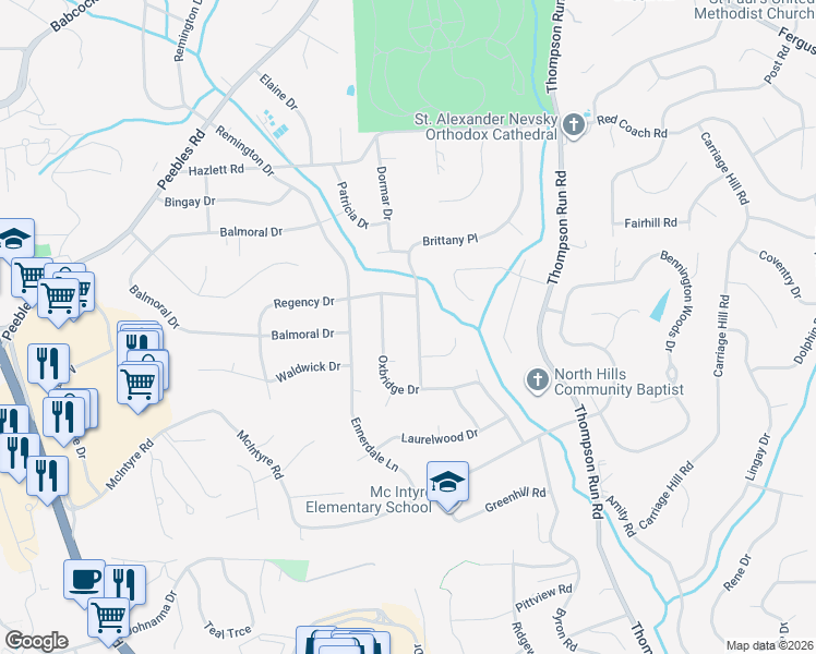 map of restaurants, bars, coffee shops, grocery stores, and more near 8063 Brittany Place in Pittsburgh