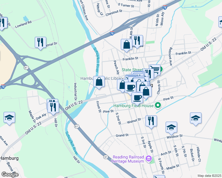 map of restaurants, bars, coffee shops, grocery stores, and more near 9 North 2nd Street in Hamburg