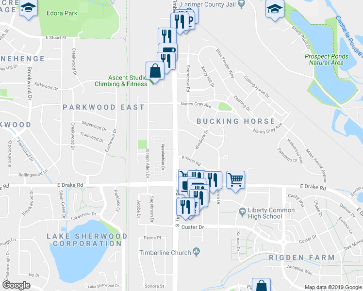 map of restaurants, bars, coffee shops, grocery stores, and more near 2103 Katahdin Drive in Fort Collins