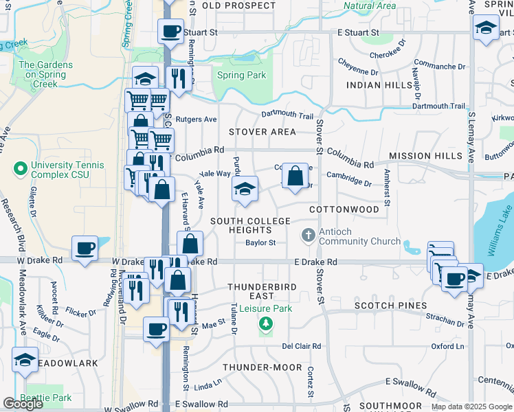 map of restaurants, bars, coffee shops, grocery stores, and more near 2420 Purdue Road in Fort Collins