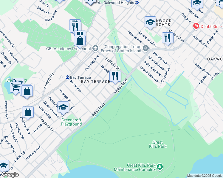 map of restaurants, bars, coffee shops, grocery stores, and more near 3333 Hylan Boulevard in Staten Island