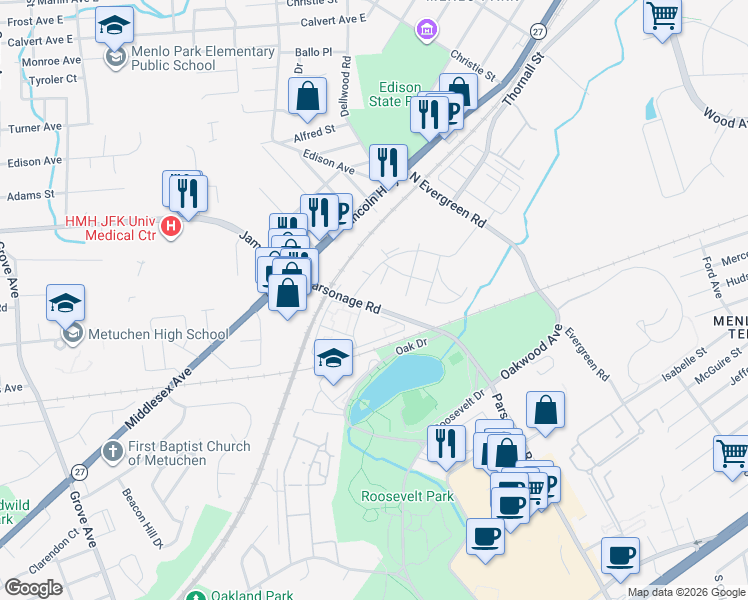 map of restaurants, bars, coffee shops, grocery stores, and more near 182 Parsonage Road in Edison