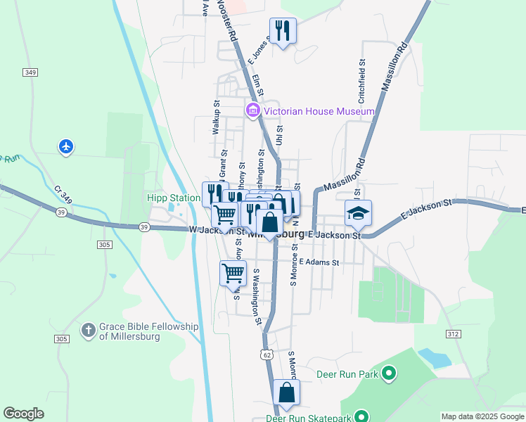 map of restaurants, bars, coffee shops, grocery stores, and more near 62 West Clinton Street in Millersburg