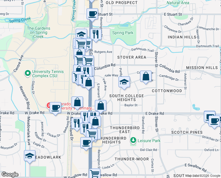 map of restaurants, bars, coffee shops, grocery stores, and more near 2425 Mathews Street in Fort Collins