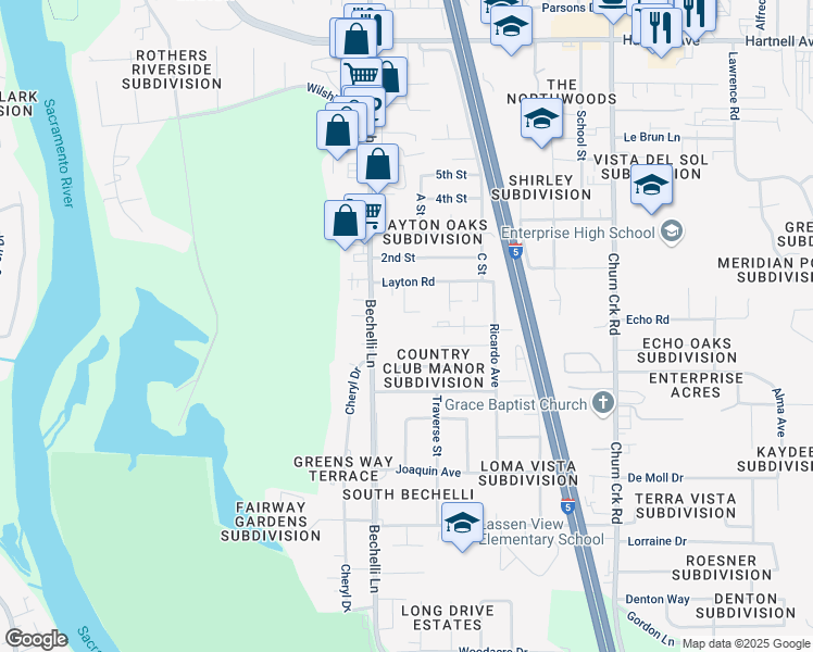 map of restaurants, bars, coffee shops, grocery stores, and more near 3639 Bechelli Lane in Redding