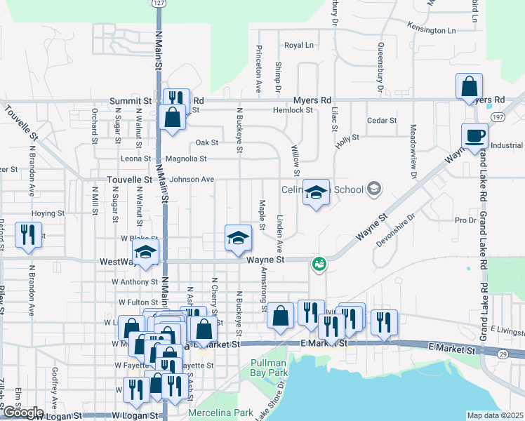 map of restaurants, bars, coffee shops, grocery stores, and more near Maple Street in Celina