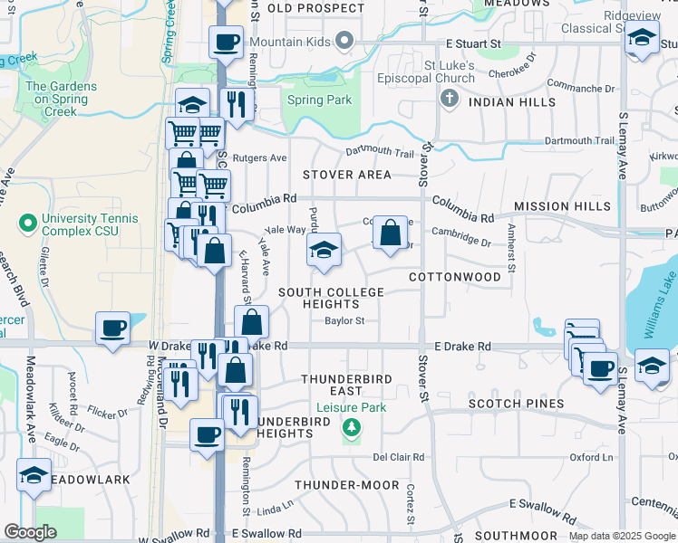 map of restaurants, bars, coffee shops, grocery stores, and more near 312 Princeton Road in Fort Collins