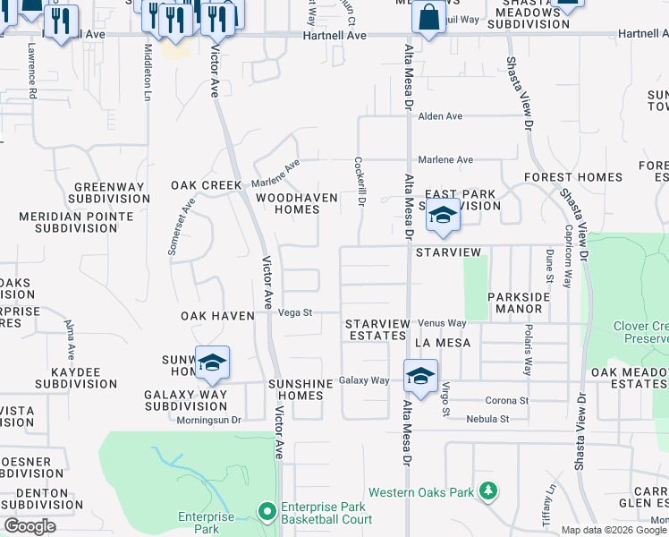 map of restaurants, bars, coffee shops, grocery stores, and more near 3584 Mercury Drive in Redding