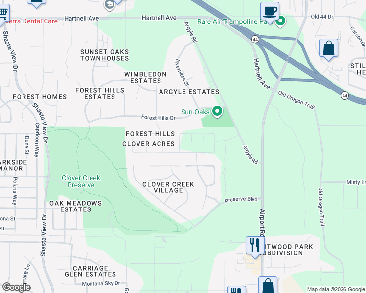 map of restaurants, bars, coffee shops, grocery stores, and more near 3380 Laver Street in Redding