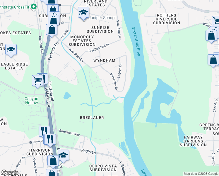 map of restaurants, bars, coffee shops, grocery stores, and more near 3665 Riverview Drive in Redding