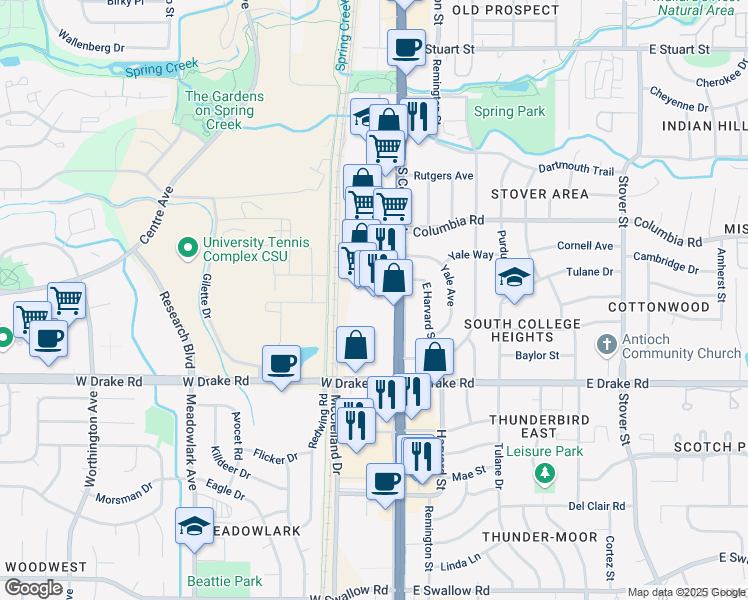 map of restaurants, bars, coffee shops, grocery stores, and more near 2413 S College Ave in Fort Collins