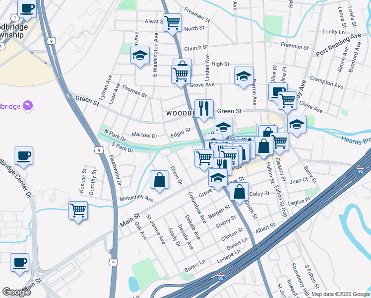 map of restaurants, bars, coffee shops, grocery stores, and more near 147 South Park Drive in Woodbridge Township