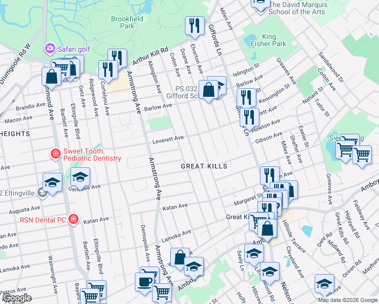 map of restaurants, bars, coffee shops, grocery stores, and more near 173 Brookfield Avenue in Staten Island