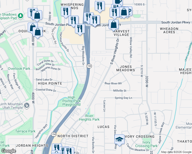 map of restaurants, bars, coffee shops, grocery stores, and more near 3564 Haven Hollow Drive in South Jordan