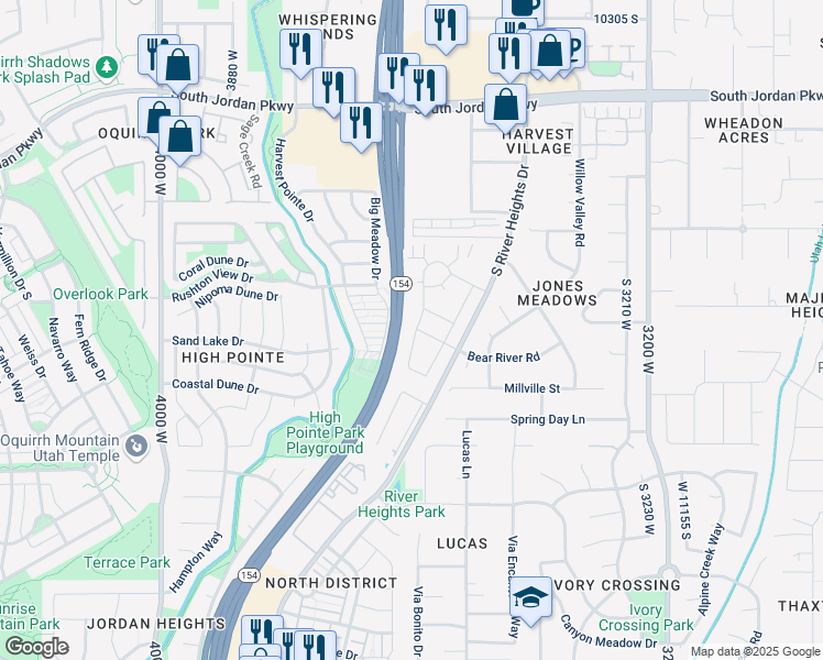 map of restaurants, bars, coffee shops, grocery stores, and more near 10804 Haven Landing Drive in South Jordan