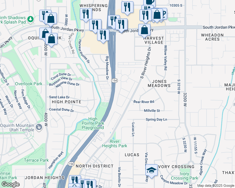 map of restaurants, bars, coffee shops, grocery stores, and more near 10804 Haven Landing Drive in South Jordan