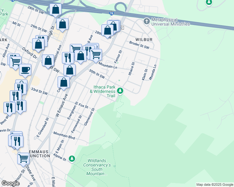 map of restaurants, bars, coffee shops, grocery stores, and more near 3017 Ithaca Street in Allentown
