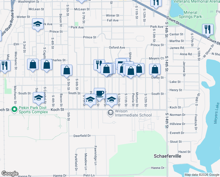 map of restaurants, bars, coffee shops, grocery stores, and more near 1317 South 9th Street in Pekin