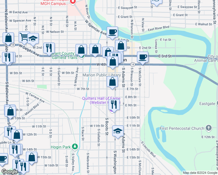 map of restaurants, bars, coffee shops, grocery stores, and more near 118 West 7th Street in Marion