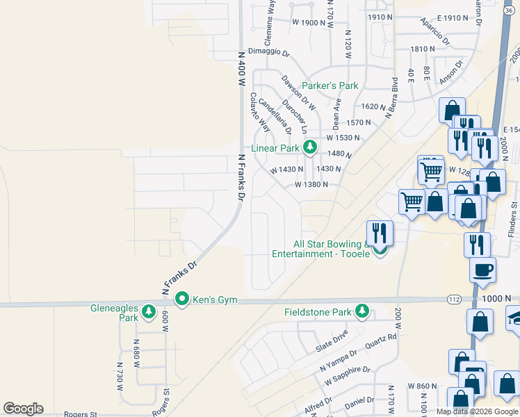 map of restaurants, bars, coffee shops, grocery stores, and more near 1279 North 300 West in Tooele
