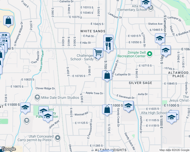 map of restaurants, bars, coffee shops, grocery stores, and more near 10733 South 580 East in Sandy