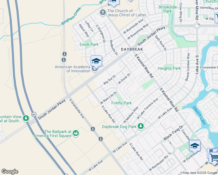 map of restaurants, bars, coffee shops, grocery stores, and more near 5357 Big Sur Drive in South Jordan