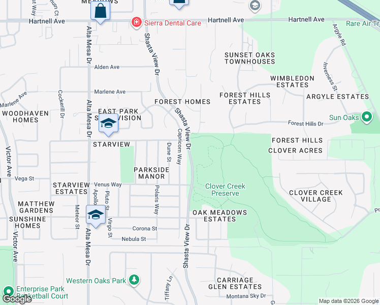 map of restaurants, bars, coffee shops, grocery stores, and more near 3533 Capricorn Way in Redding