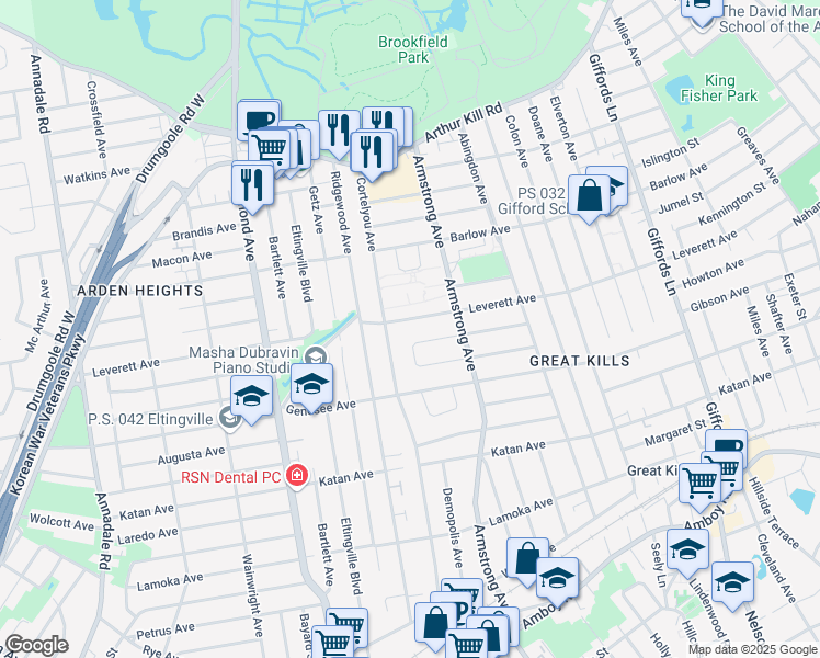 map of restaurants, bars, coffee shops, grocery stores, and more near 522 Leverett Avenue in Staten Island