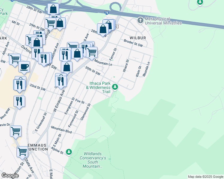 map of restaurants, bars, coffee shops, grocery stores, and more near 3017 Ithaca Street in Allentown
