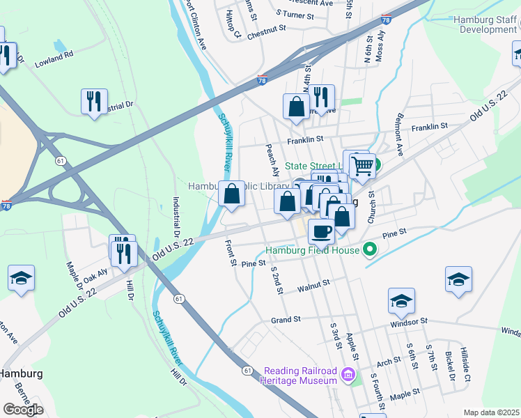 map of restaurants, bars, coffee shops, grocery stores, and more near 21 North 2nd Street in Hamburg