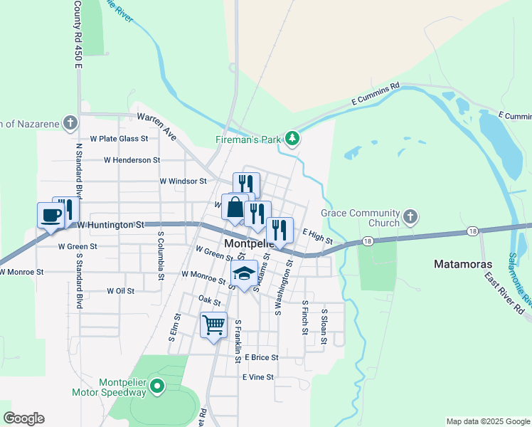 map of restaurants, bars, coffee shops, grocery stores, and more near 119 East High Street in Montpelier