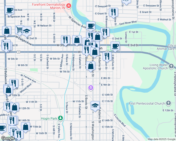 map of restaurants, bars, coffee shops, grocery stores, and more near 118 West 7th Street in Marion