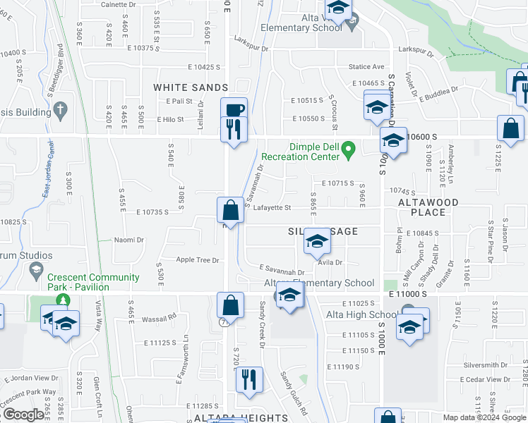 map of restaurants, bars, coffee shops, grocery stores, and more near 780 Lafayette Street in Sandy