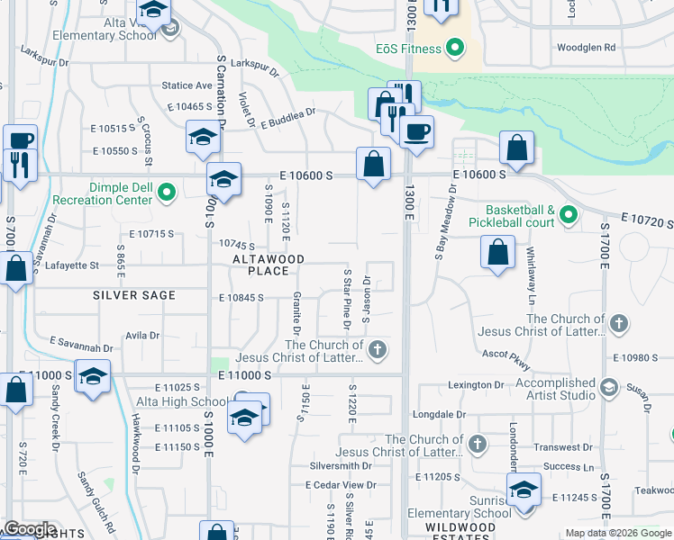 map of restaurants, bars, coffee shops, grocery stores, and more near 1188 Lost Eden Drive in Sandy