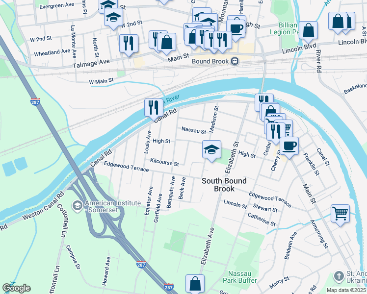 map of restaurants, bars, coffee shops, grocery stores, and more near 106 Shields Avenue in South Bound Brook