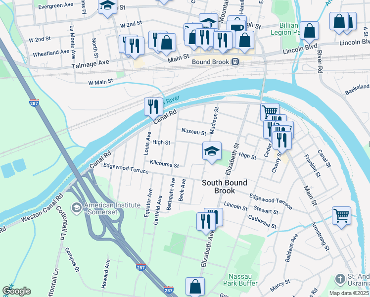map of restaurants, bars, coffee shops, grocery stores, and more near 106 Shields Avenue in South Bound Brook