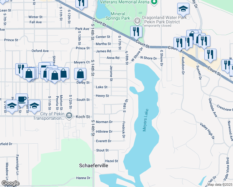 map of restaurants, bars, coffee shops, grocery stores, and more near 1507 Henry Street in Pekin