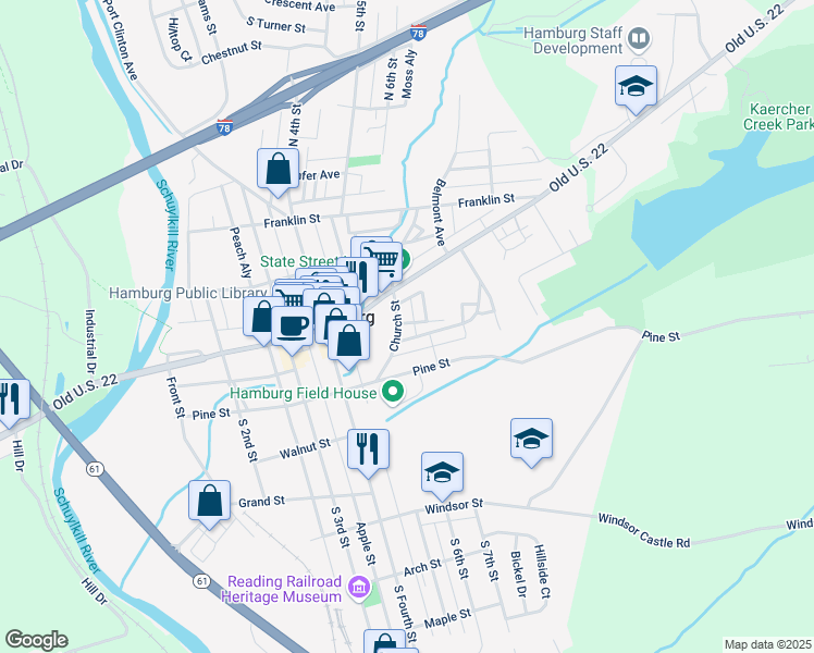 map of restaurants, bars, coffee shops, grocery stores, and more near 37 Church Street in Hamburg