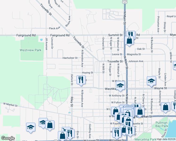 map of restaurants, bars, coffee shops, grocery stores, and more near 515 Hoying Street in Celina