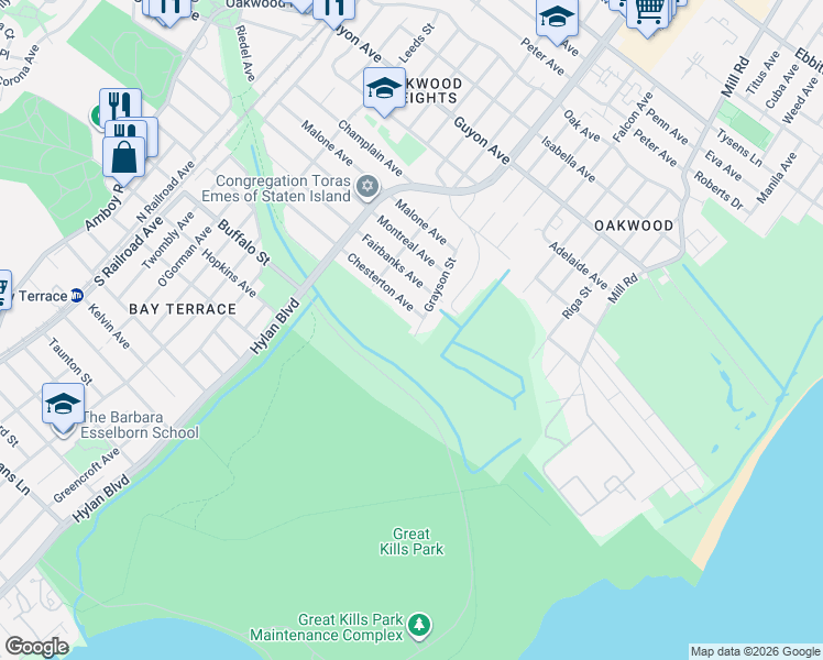 map of restaurants, bars, coffee shops, grocery stores, and more near 119 Grayson Street in Staten Island