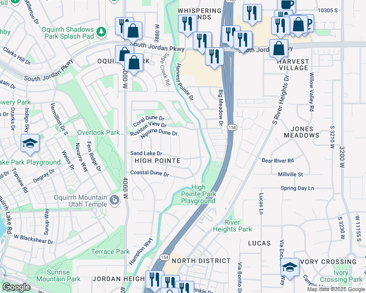 map of restaurants, bars, coffee shops, grocery stores, and more near 10931 Glamis Dune Drive in South Jordan