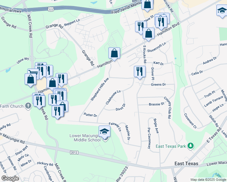 map of restaurants, bars, coffee shops, grocery stores, and more near 5963 Clubhouse Lane in Wescosville