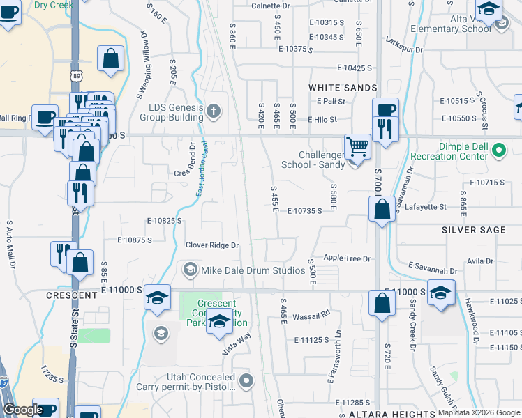 map of restaurants, bars, coffee shops, grocery stores, and more near 10730 South 455 East in Sandy