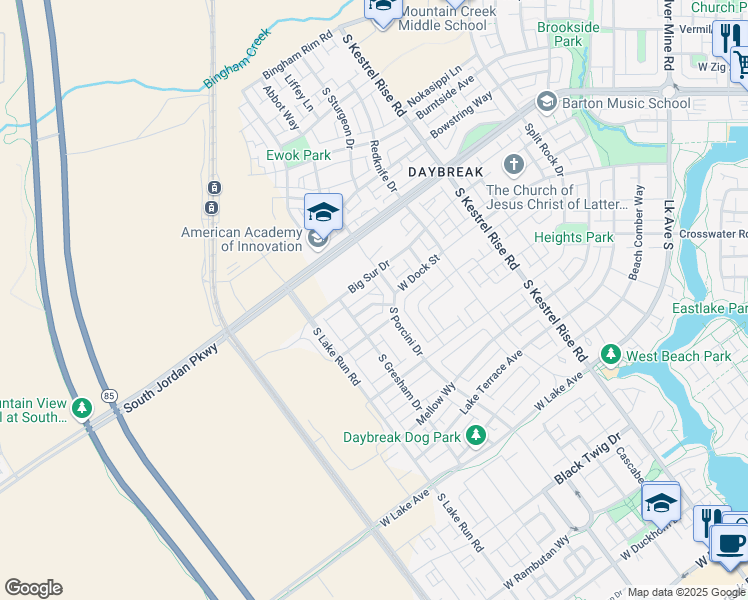 map of restaurants, bars, coffee shops, grocery stores, and more near 5357 Big Sur Drive in South Jordan