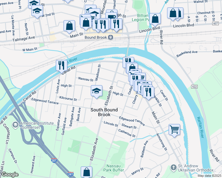 map of restaurants, bars, coffee shops, grocery stores, and more near 56 Elizabeth Street in South Bound Brook