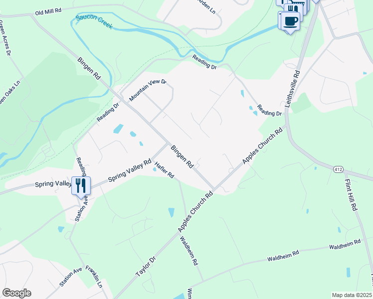 map of restaurants, bars, coffee shops, grocery stores, and more near 1643 Pleasant View Road in Bethlehem