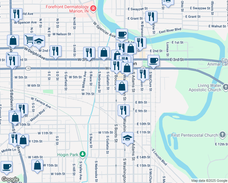 map of restaurants, bars, coffee shops, grocery stores, and more near 615 South Gallatin Street in Marion