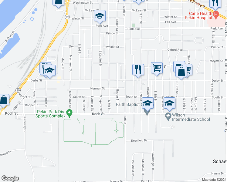 map of restaurants, bars, coffee shops, grocery stores, and more near 400 Herman Street in Pekin