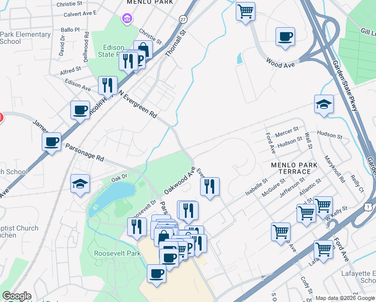 map of restaurants, bars, coffee shops, grocery stores, and more near 102 Evergreen Road in Edison