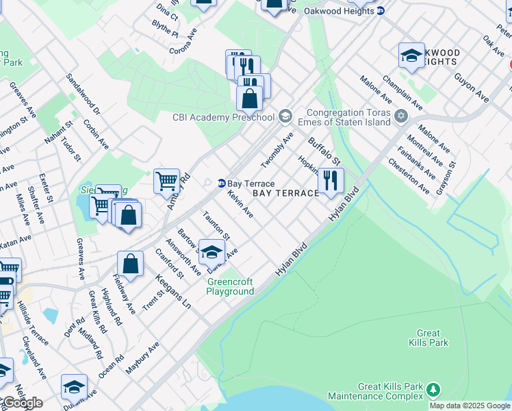 map of restaurants, bars, coffee shops, grocery stores, and more near 114 Justin Avenue in Staten Island